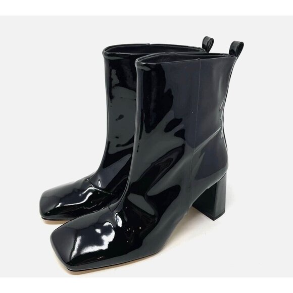 Good American Ankle Boot Women's 7 Black Patent Leather Square Toe & Heel NEW - Picture 1 of 12
